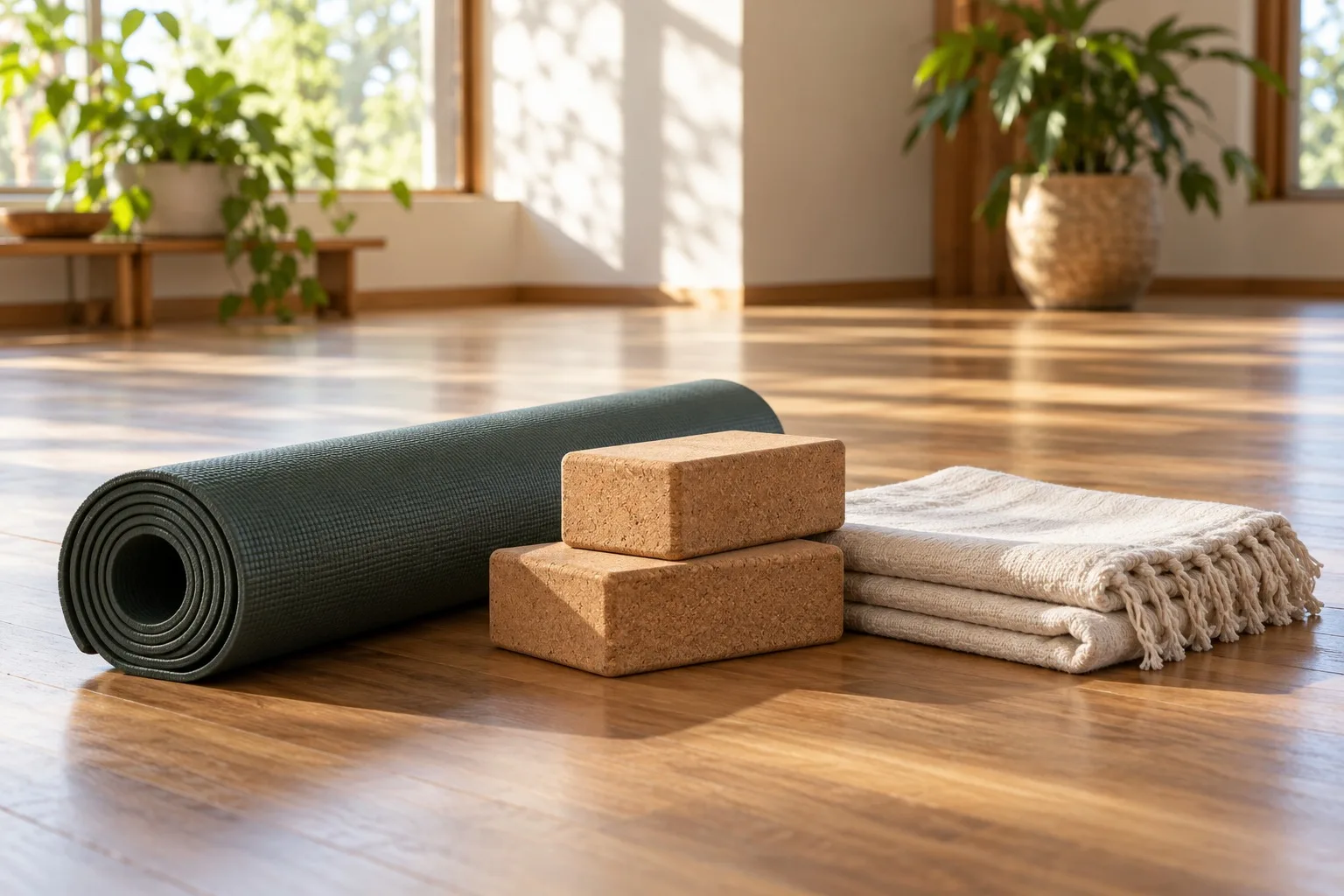 Gerollte Yogamatte neben Korkblöcken und einer gefalteten Baumwolldecke.